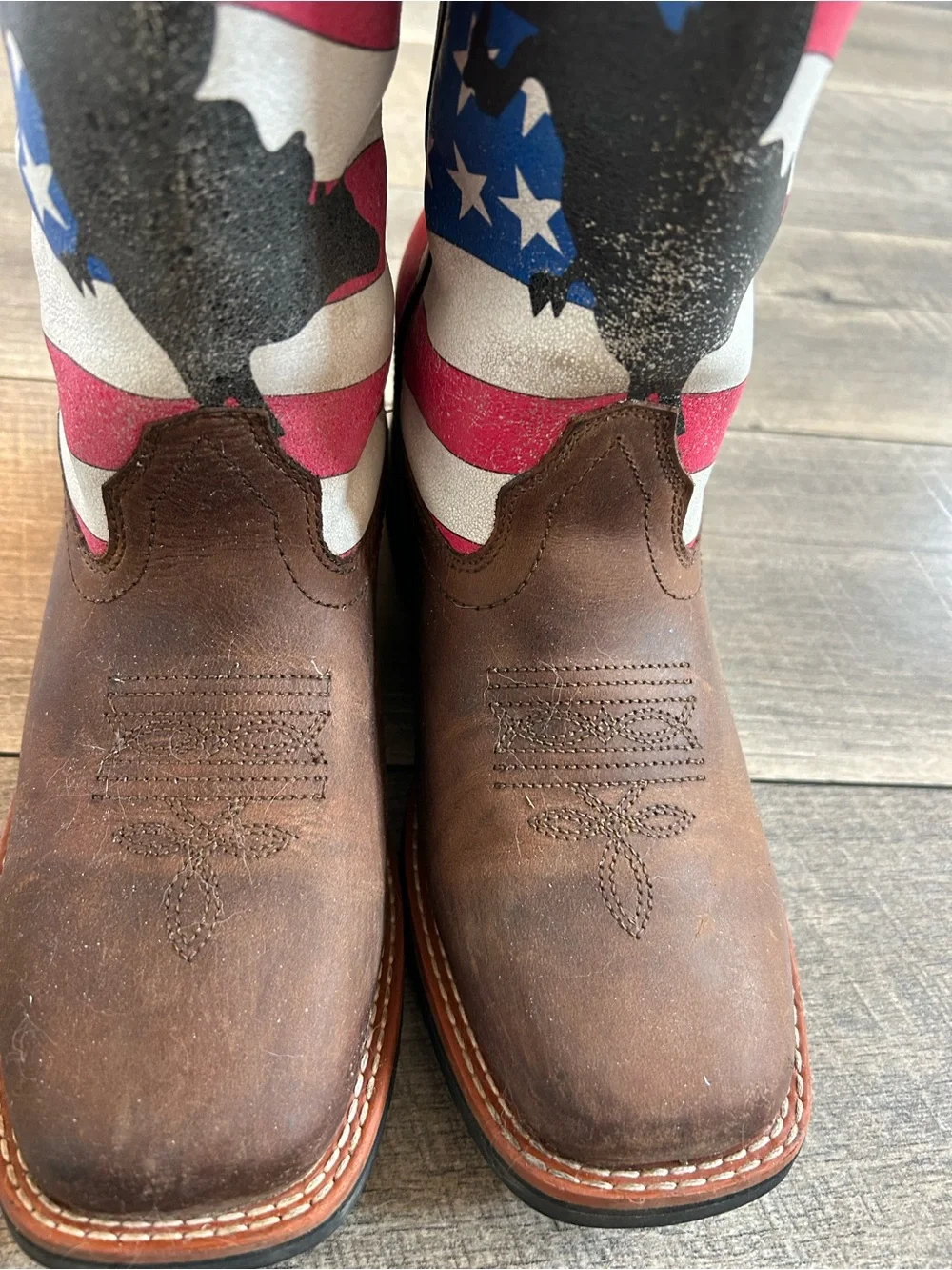 Dan Post Brown Boots with Red, White & Blue Flag design and bull rider
